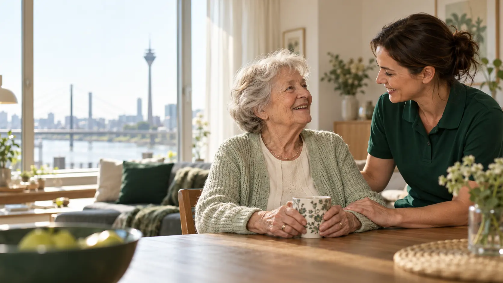 Pflegefachkraft unterstützt eine Seniorin bei der ambulanten Pflege zu Hause in Düsseldorf